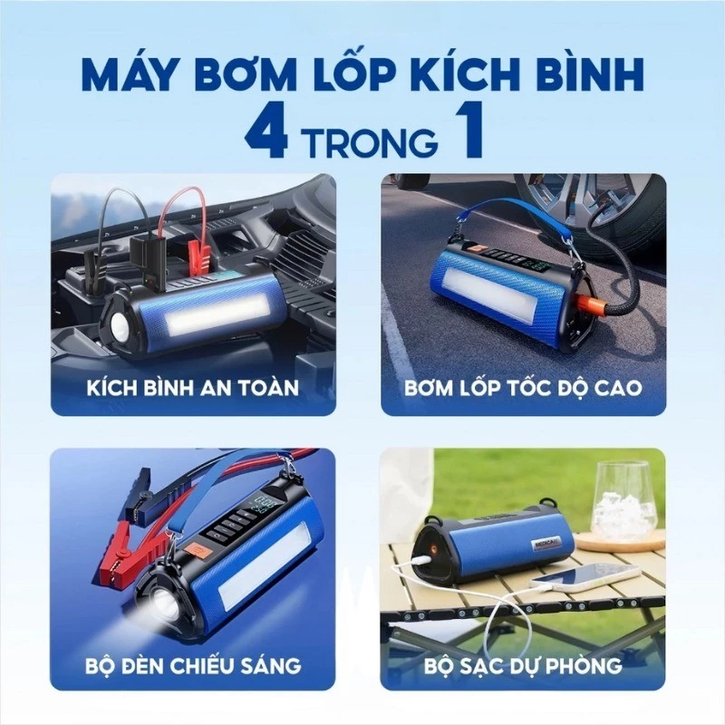 Review Bơm Lốp Kích Bình Ô Tô Wisezen 4 In 1 Tổng Hợp Bơm Kích Bình Sạc Dự Phòng Đèn Chiếu Sáng